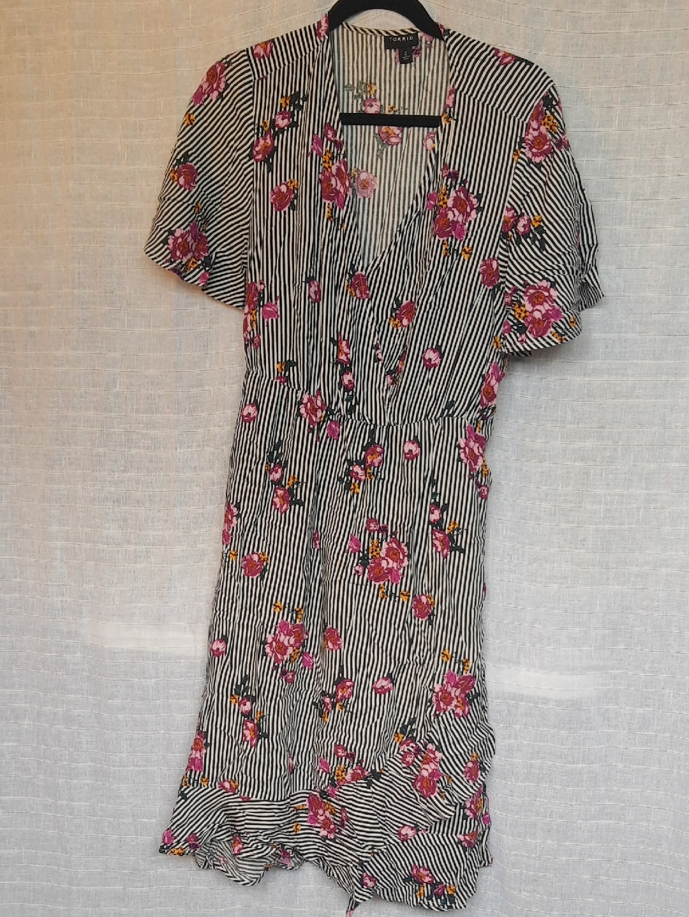 torrid Black & White Striped Wrap Dress with Pink Floral Print